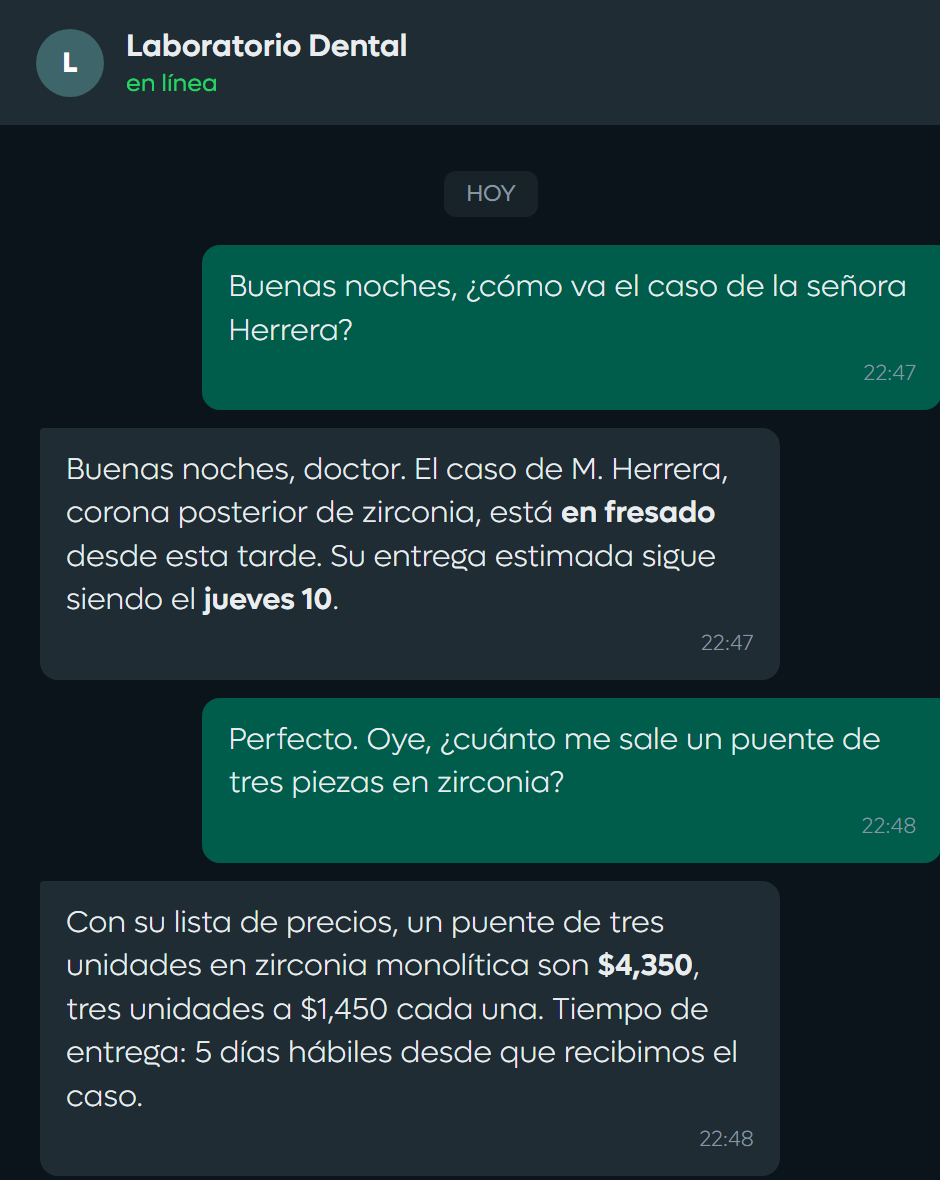 Agente de IA de un laboratorio dental contestando por WhatsApp